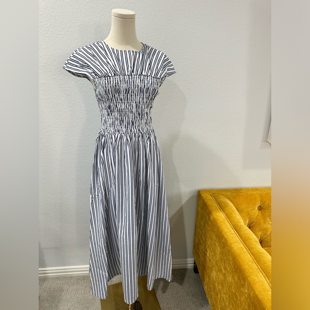In The Beginning Navy Striped Boat Neck Maxi Dress with Smocked Bodice